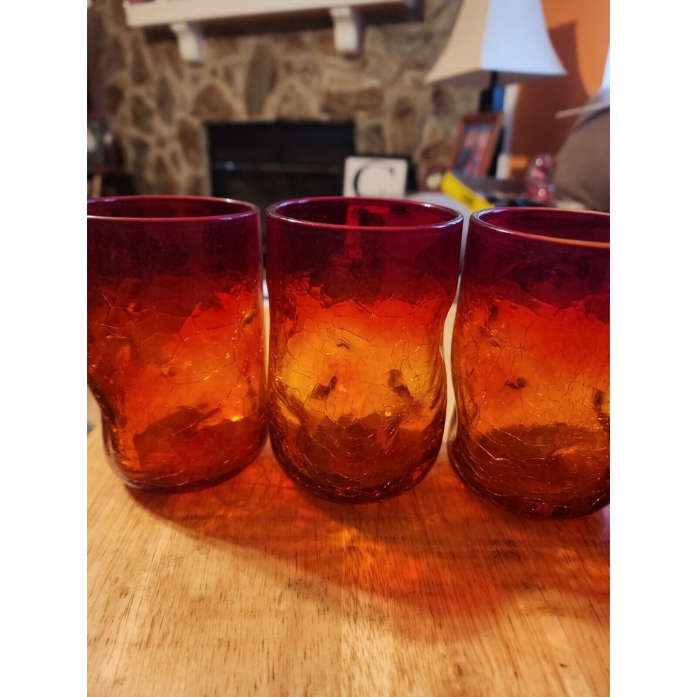 Vtg Blenko Amberina & red  Crackle Glasses💥5💥